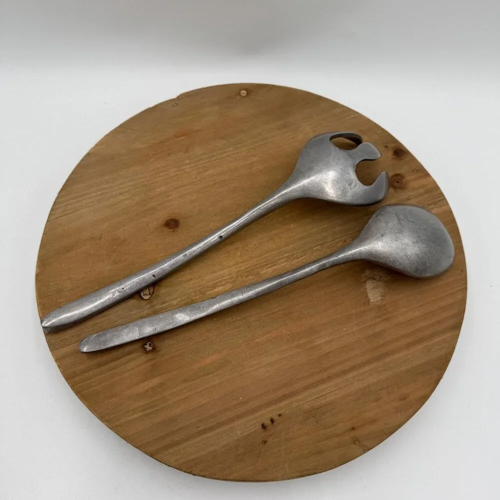 Vintage mid century modern pewter salad serve ware Table setting